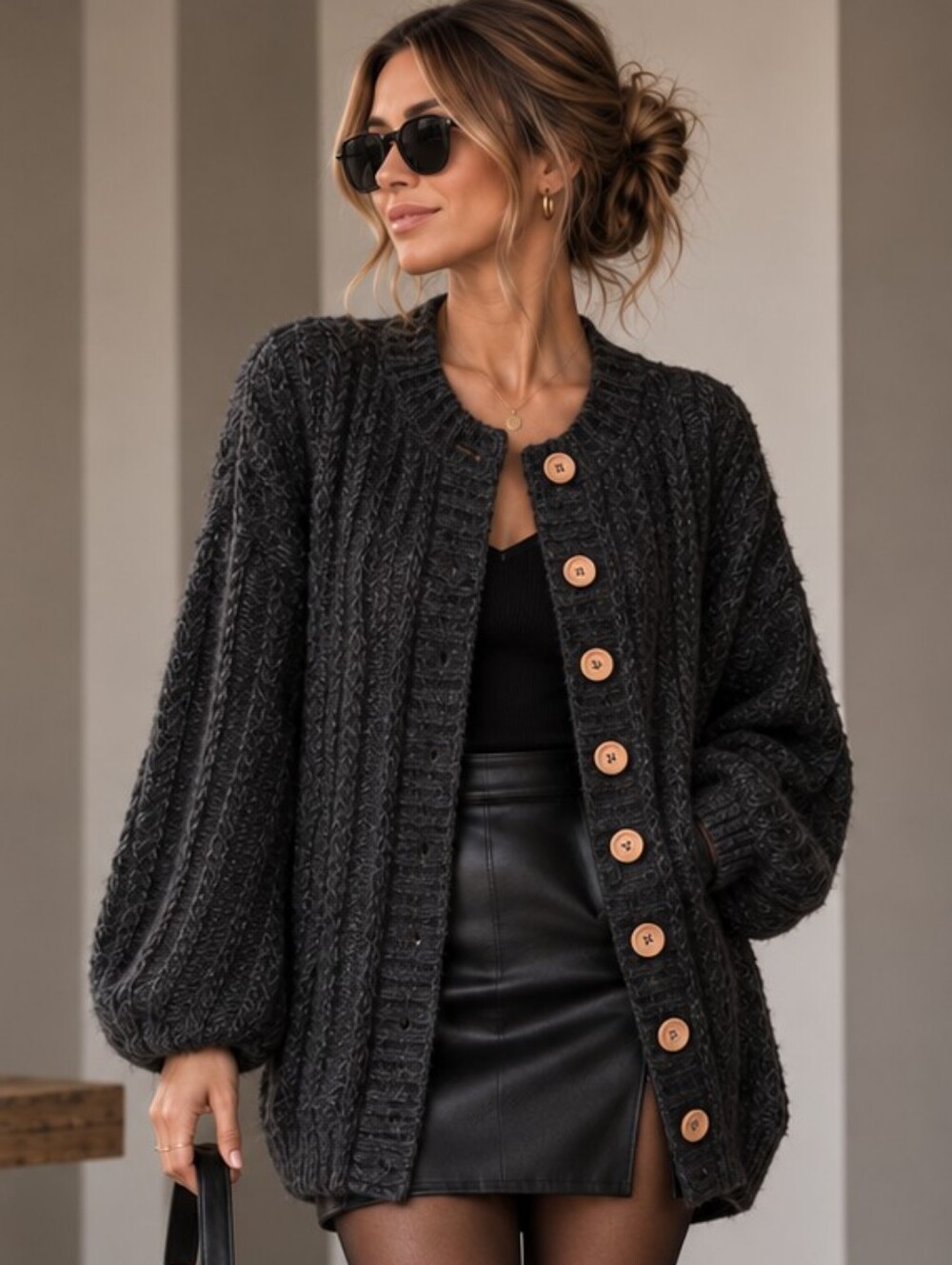 FYLO | Chunky Cable Knit Wool Blend Cardigan – Charcoal Grey, Size M